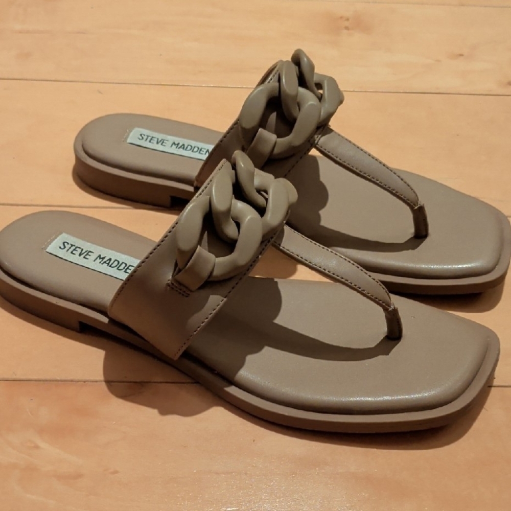 Steve Madden Ariellah Chain Sandals 6.5M Taupe Square Toe Slides - Picture 2 of 8